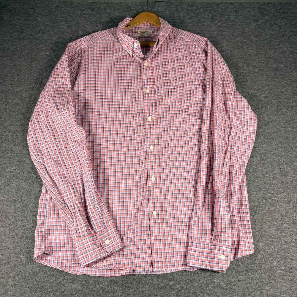 Faherty Button UP Shirt Mens L Pink Blue Plaid Long Sleeve Pocket Preppy Summer